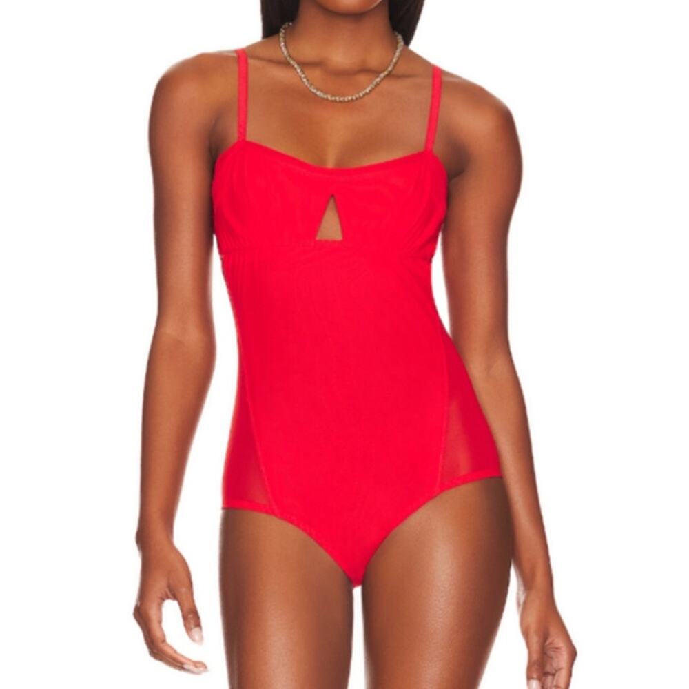 FREE PEOPLE x HAH Cut Out Bodysuit S Blood Orange Feminine Party Mesh Boho NWT